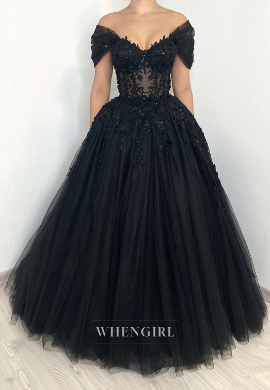 Black Off Shoulder Cap Sleeves Appliqued Beaded Ball Gown Wedding Dress with Sweep Train