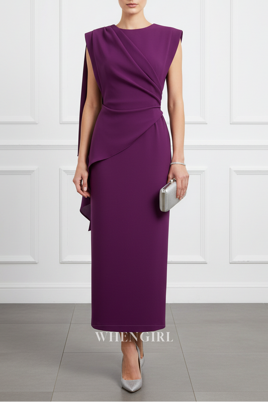 Grape Sheath Ruched Sleeveless Midi Dress