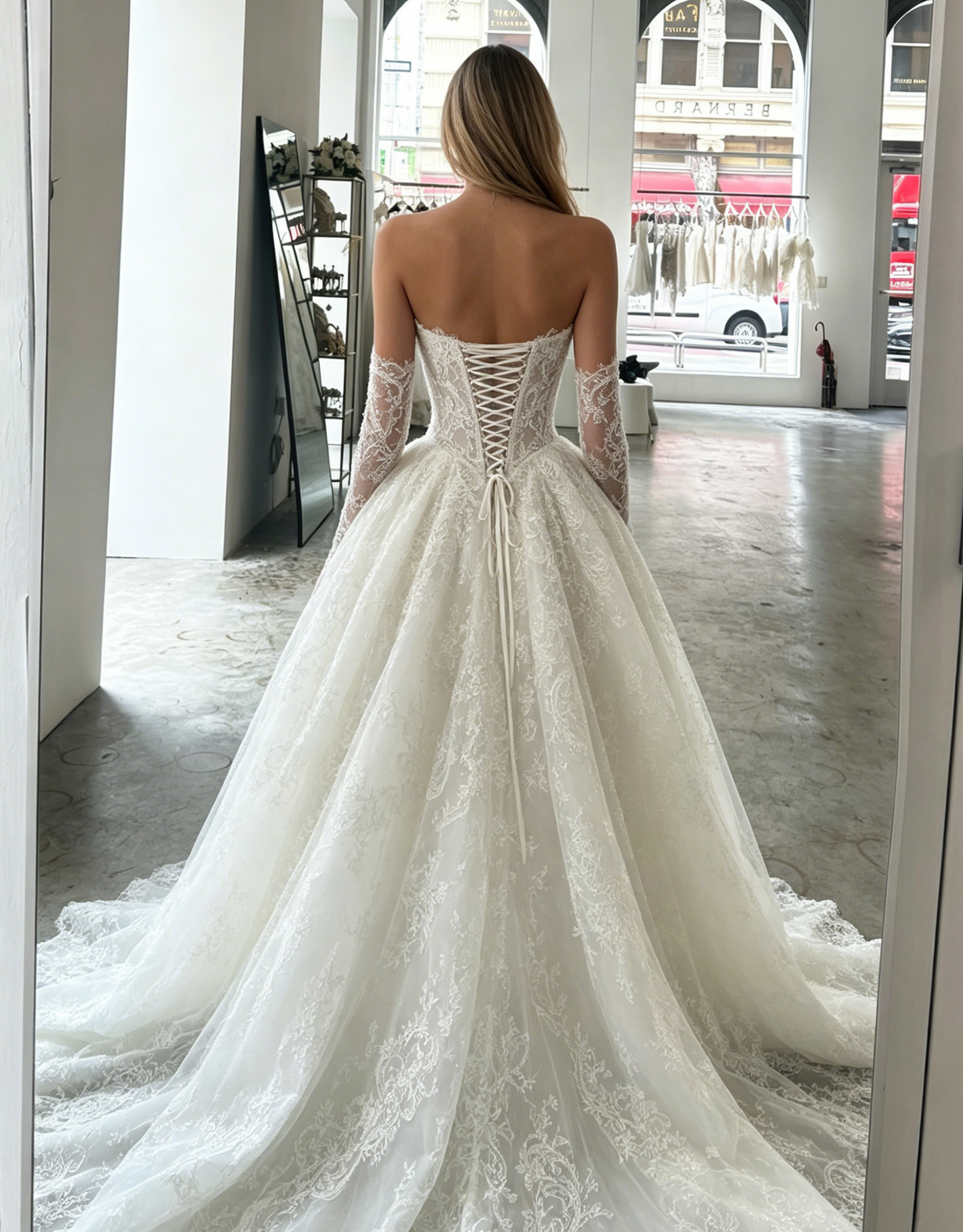 Strapless Pearls Beading Lace Ball Gown Wedding Dress