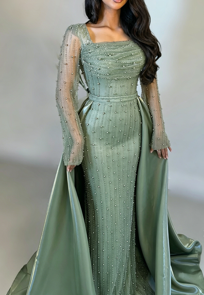 Sheath Square Neck Long Sleeves Beaded Sweep Train Evening Dress