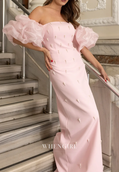 Sheath Off Shoulder Short Puff Sleeves Beaded Pearls Long Evening Formal Dress