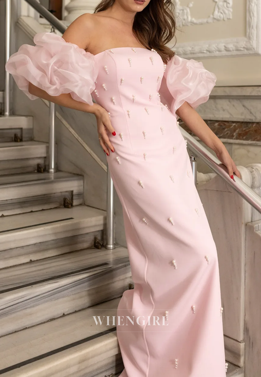 Sheath Off Shoulder Short Puff Sleeves Beaded Pearls Long Evening Formal Dress