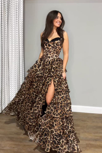 Cute A Line Sweetheart Leopard Chiffon Tiered Prom Dress