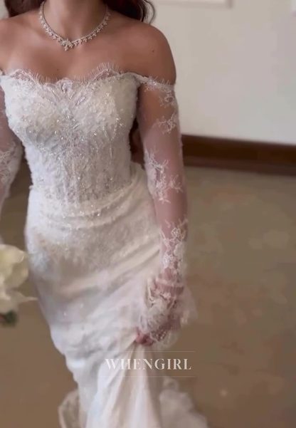Mermaid Beaded Off Shoulder Long Sleeves Lace Wedding Dress