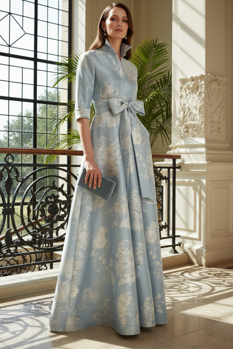 Floral Satin Bowknot Half Sleeves A-Line Mother of the Bride Dress