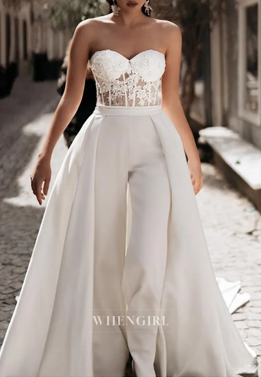 Jumpsuit Sweetheart Sleeveless Detachable Court Train Wedding Dress