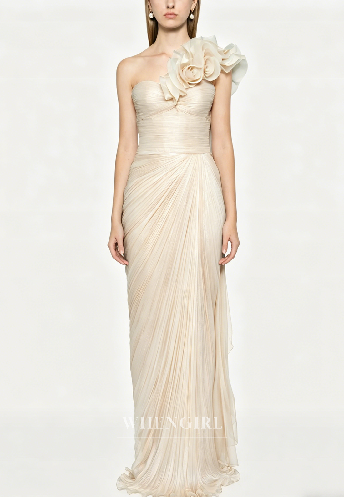 One Shoulder Floral Ruched Sheath Evening Dress