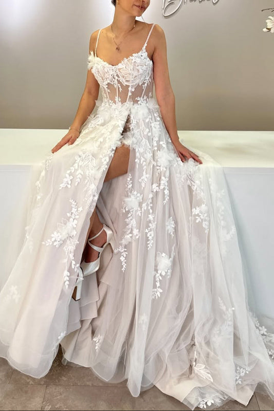 Bohomian A Line V Neck Tulle Wedding Dress with Appliques