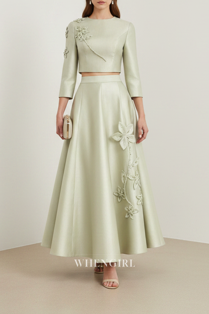Green Satin Two Pieces 3/4 Sleeves Flower Maxi Dress