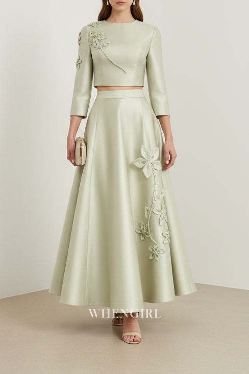 Green Satin Two Pieces 3/4 Sleeves Flower Maxi Dress