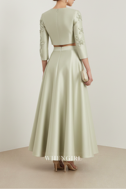 Green Satin Two Pieces 3/4 Sleeves Flower Maxi Dress