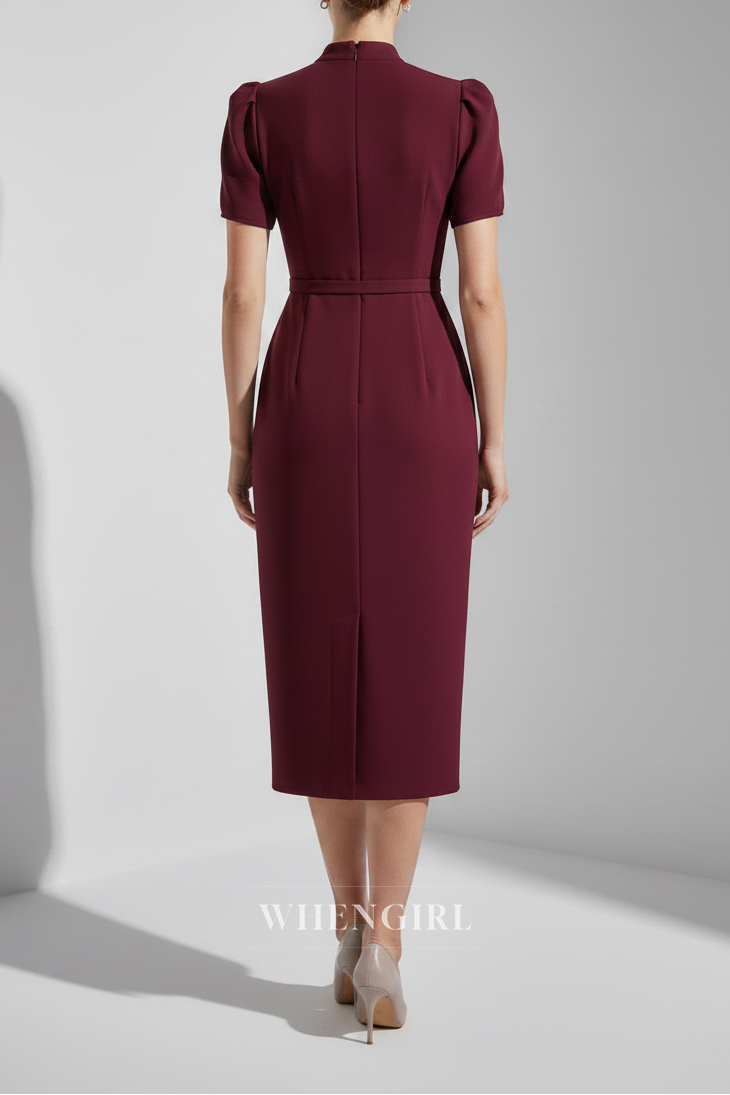 Burgundy Sheath Short Sleeves High Neck Midi Dress