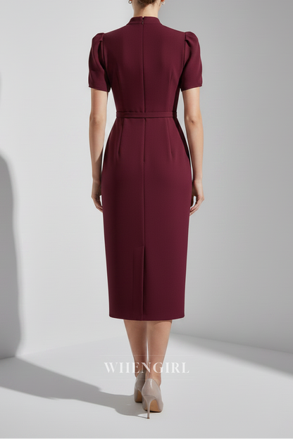 Burgundy Sheath Short Sleeves High Neck Midi Dress