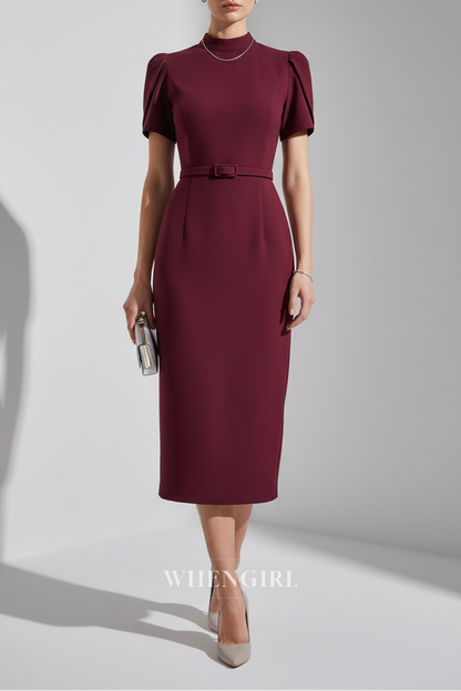 Burgundy Sheath Short Sleeves High Neck Midi Dress