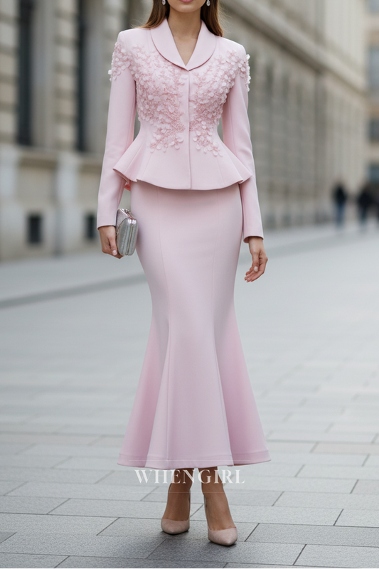 Pink Long Sleeves Embroidery Two Pieces Mermaid Midi Dress