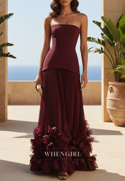 Burgundy Strapless Pleated Ruffled Hem A-Line Formal Evening Dress