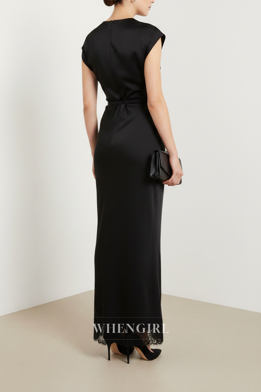 Black Sheath Cap Sleeves Ruched Maxi Dress