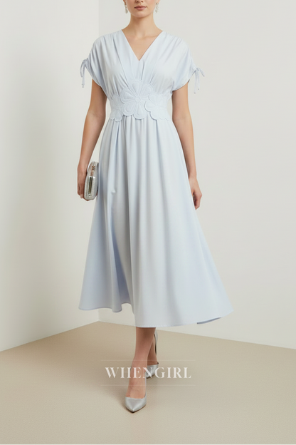 Light Blue V Neck Cap Sleeves Flowers A-Line Midi Dress