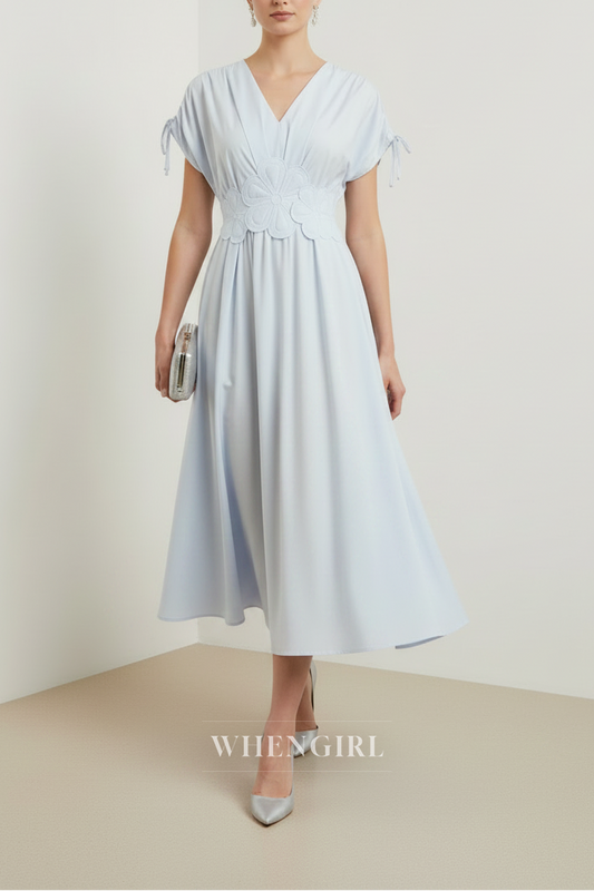 Light Blue V Neck Cap Sleeves Flowers A-Line Midi Dress