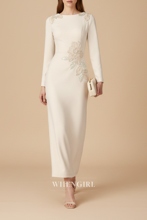 Sheath Ivory Long Sleeves Embroidery Midi Dress