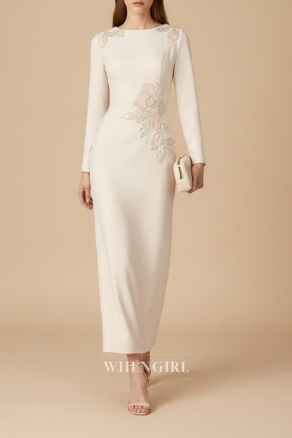 Sheath Ivory Long Sleeves Embroidery Midi Dress