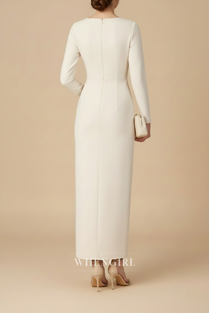Sheath Ivory Long Sleeves Embroidery Midi Dress