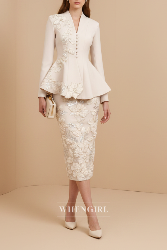 Ivory Long Sleeves Ruffle Two Pieces Midi Dress