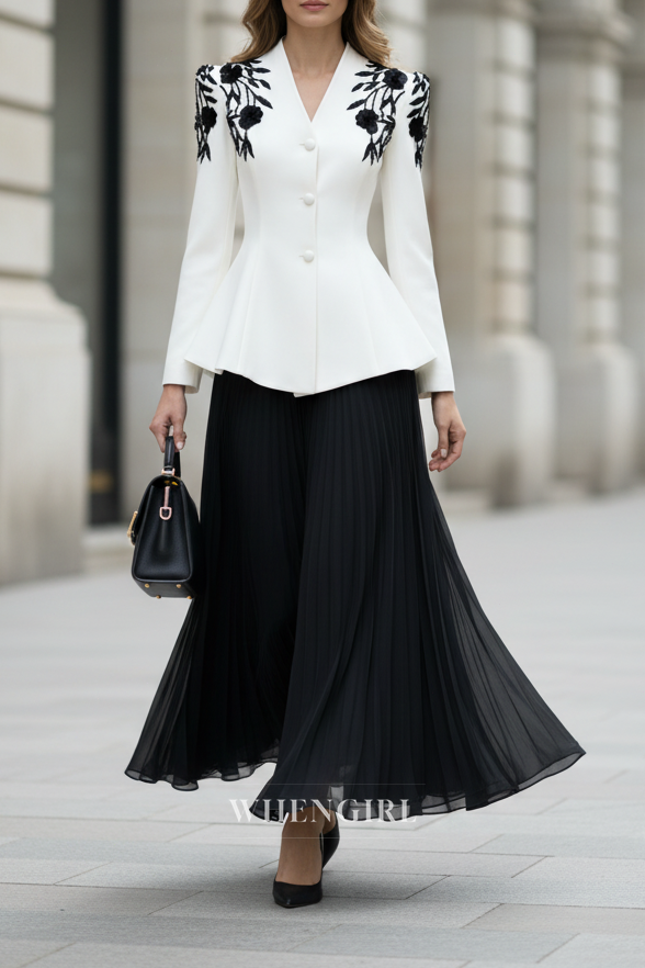 A-Line Long Sleeves Embroidery V Neck Two Pieces Maxi Dress