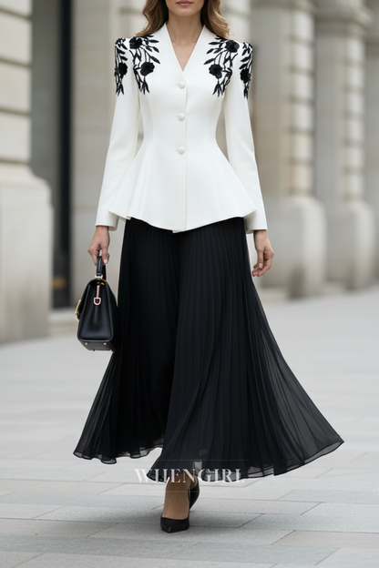 A-Line Long Sleeves Embroidery V Neck Two Pieces Maxi Dress