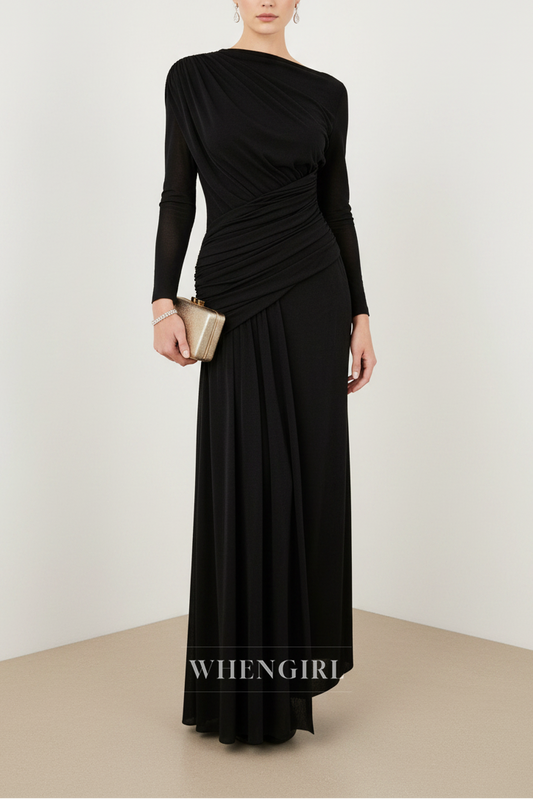 Black Long Sleeves Ruched Sheath Maxi Dress