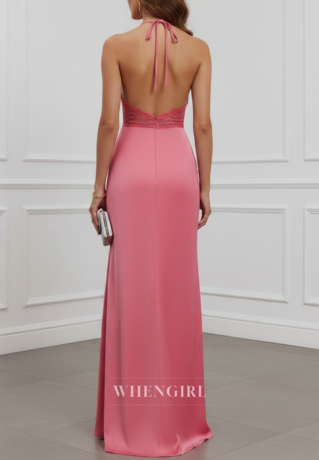 Dusty Pink Halter Lace Panel Satin Mermaid Cocktail Dress
