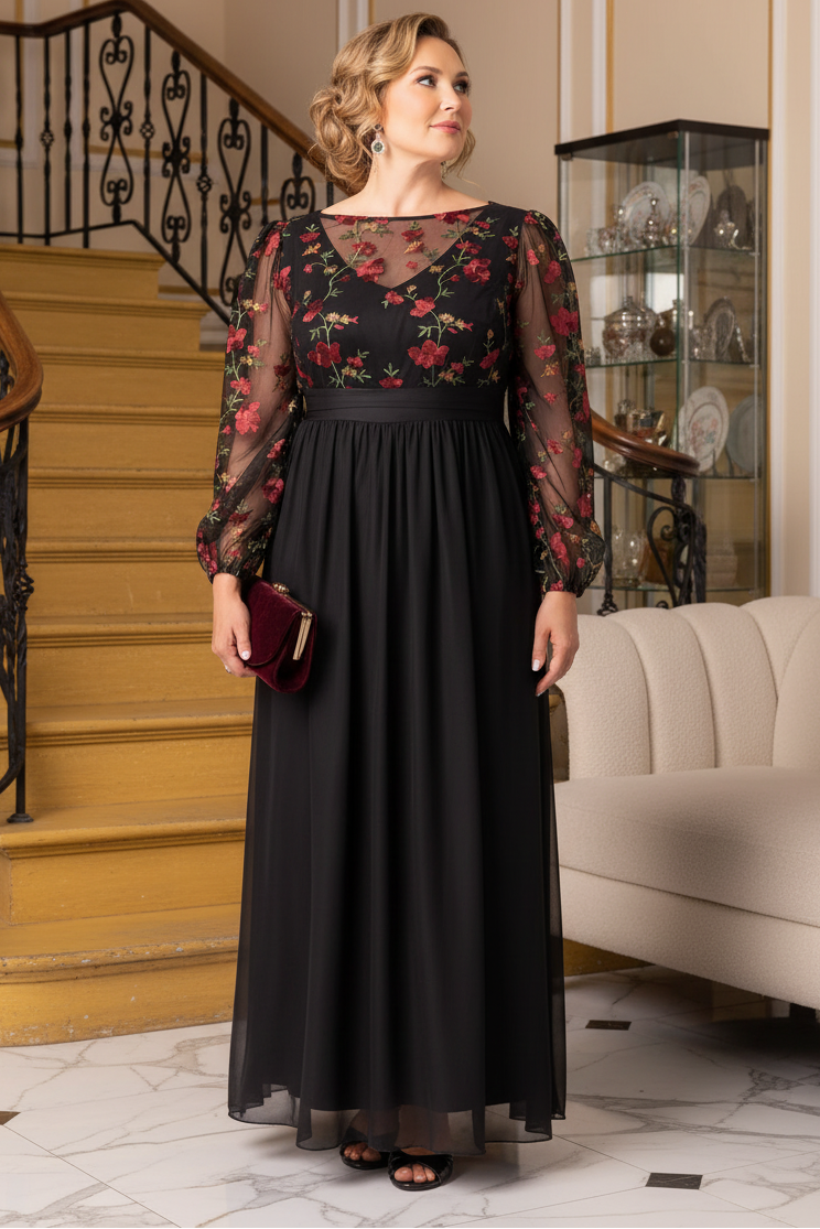 Black Floral Embroidered Bodice Evening Gown Mother of the Bride Dress