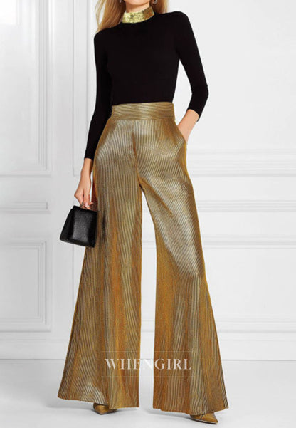 Black&Gold Splicing Color Metallic Jumpsuit High Neck Sleeves Pansuit with Pockets