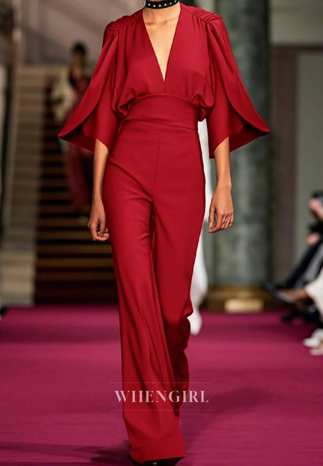 Evening Party Jumpsuit Bell Sleeves Deep V Neck Sheath Satin Jumpsuit