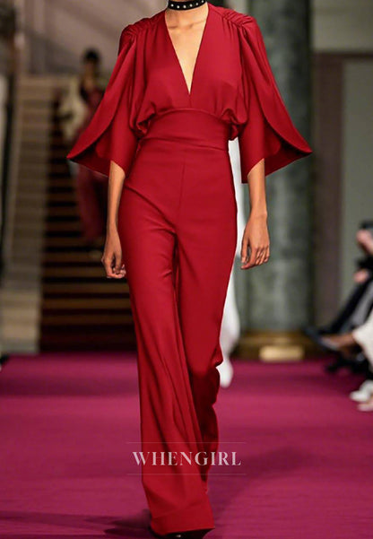 Evening Party Jumpsuit Bell Sleeves Deep V Neck Sheath Satin Jumpsuit