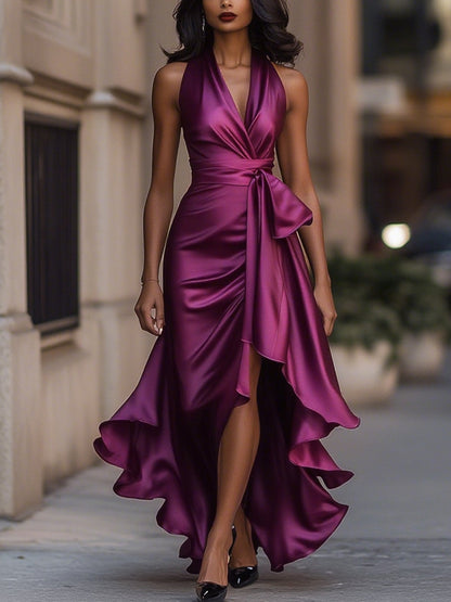 Midnight Elegance Satin Halter Ruffle Gown