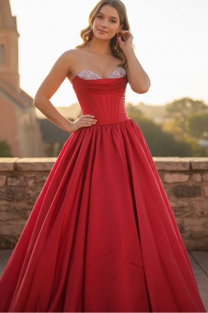 Sweetheart Corset Satin Beaded Prom Dresses Long A Line Strapless Party Gown