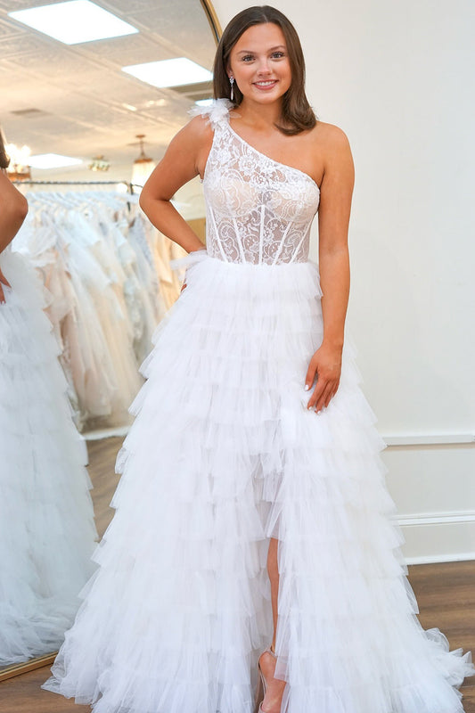Women's One Shoulder Tulle Ruffled Prom Dresses Corset Lace Evening Party Gowns