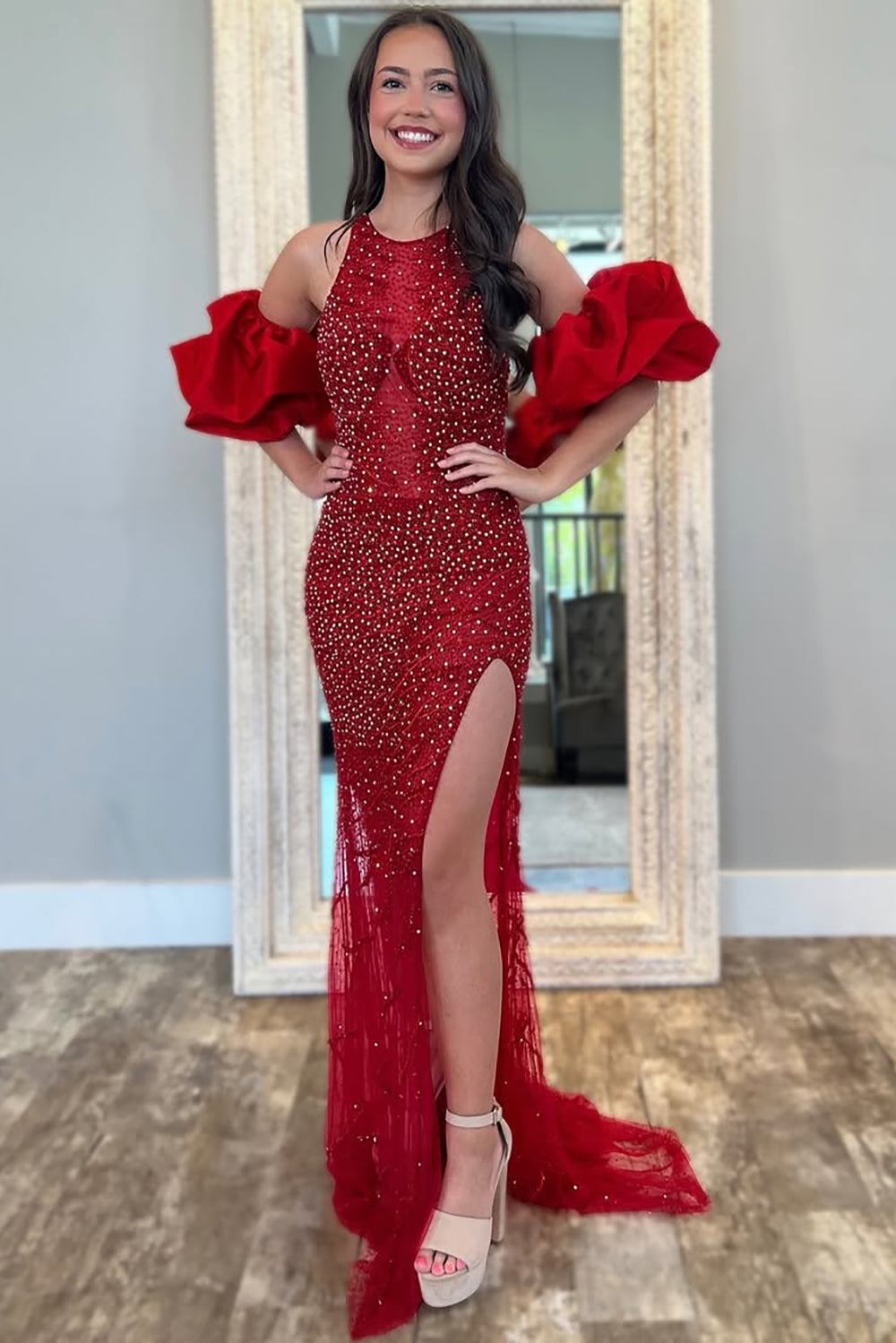 Sexy Side Split Halter Neck Tulle Sequined Prom Dresses Long for Women Evening Party