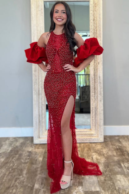 Sexy Side Split Halter Neck Tulle Sequined Prom Dresses Long for Women Evening Party