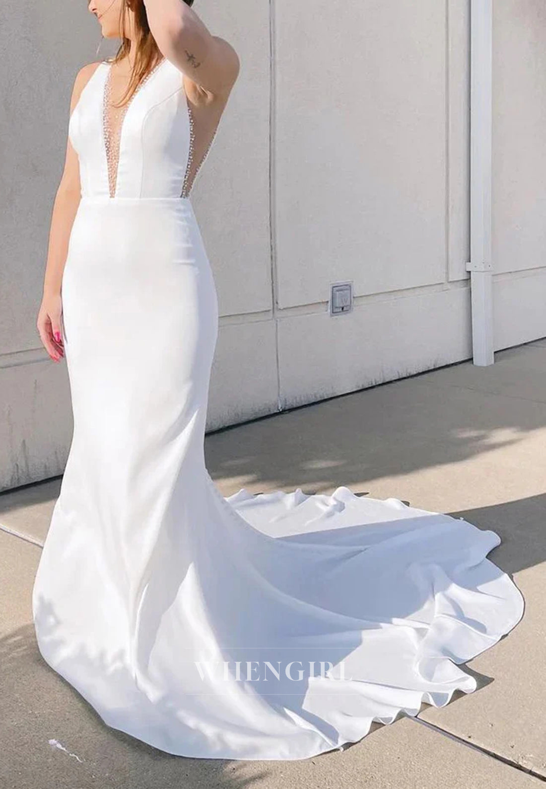 Mermaid V Neck Sleeveless Beaded Sweep Train Wedding Dress