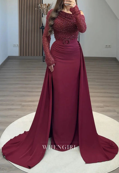 Asymmetrical Neck Beaded Long Sleeves Sheath Sweep Train Evening Formal Dress