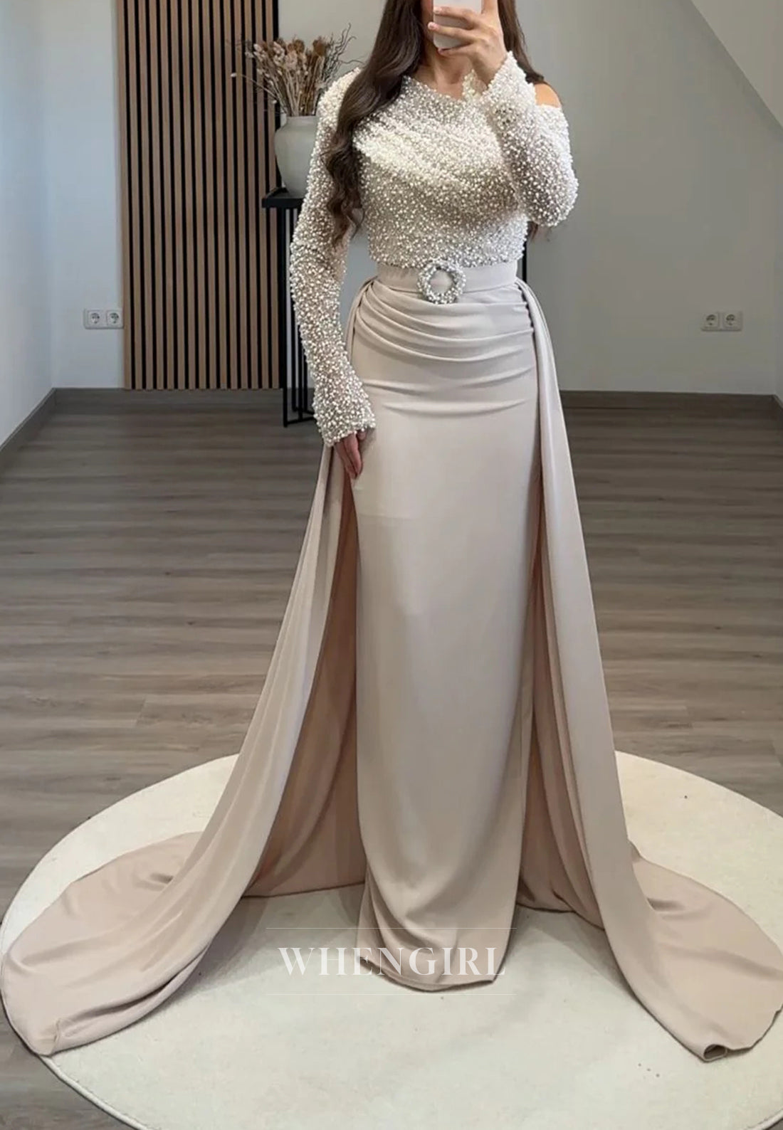 Asymmetrical Neck Beaded Long Sleeves Sheath Sweep Train Evening Formal Dress