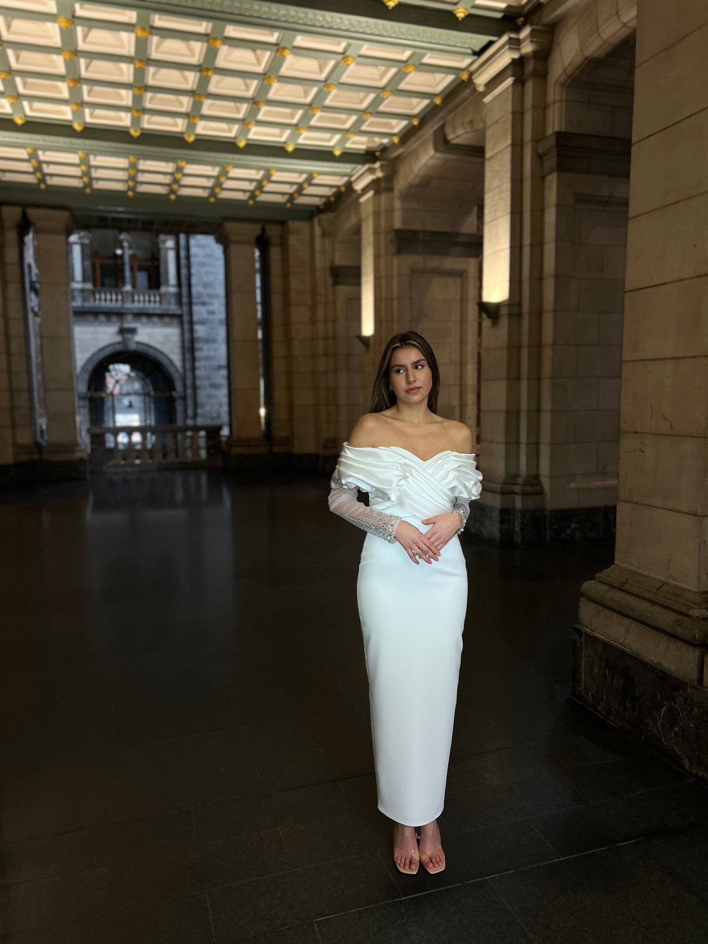 Sheath Off Shoulder Long Sleeves Ankle Length Wedding Dress