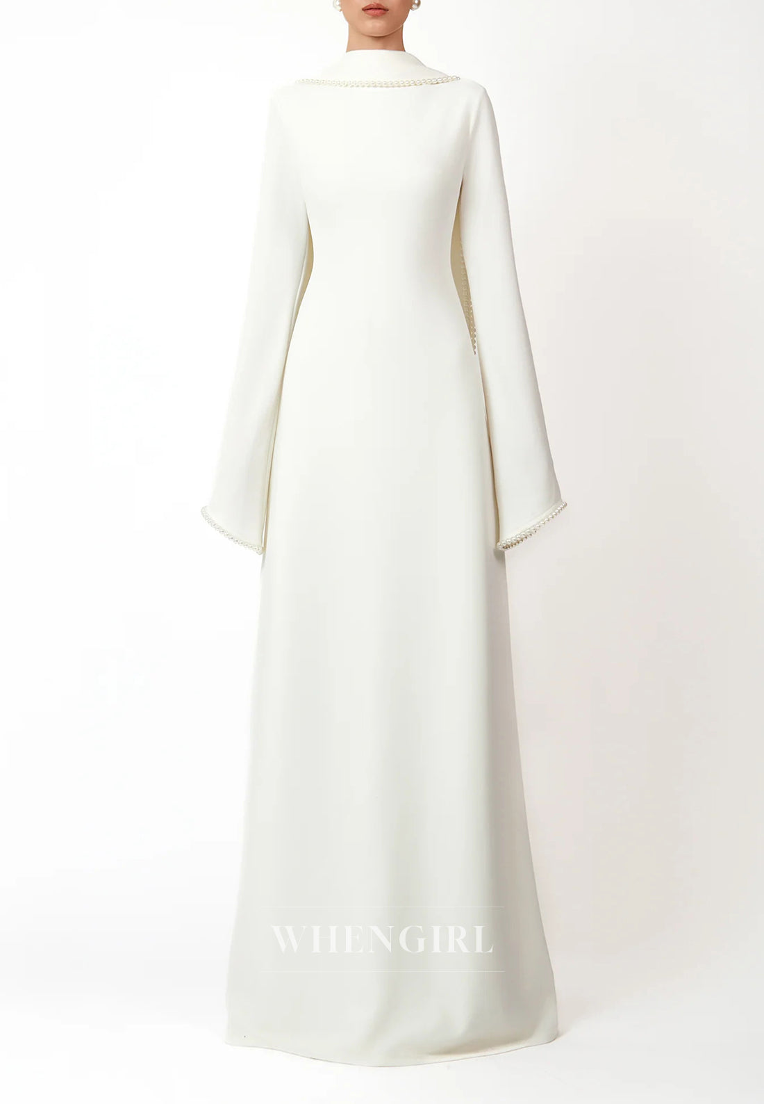 Column Bateau Neck Long Sleeves Pearl Beading Evening Dress with Scarf