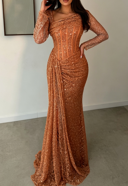 Asymmetrical Corset Beaded Long Sleeve Evening Gown with Slit