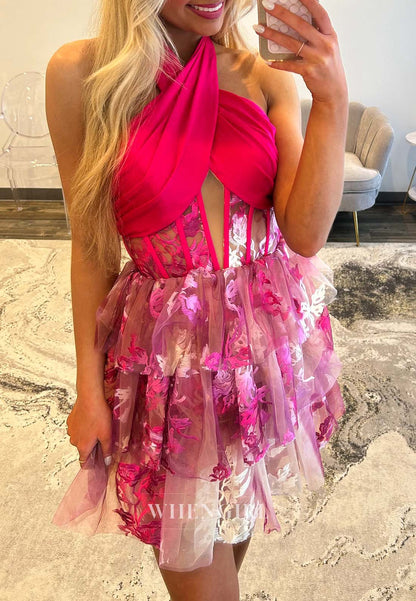 A-Line Cut Out Cross Neck Sleeveless Ruffle Multi Tiered Short Homecoming Dress