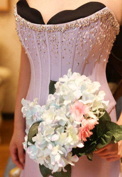 Lilac Asymmetrical Neck Sleeveless Strapless Sweep Train Beaded Formal Evening Dress