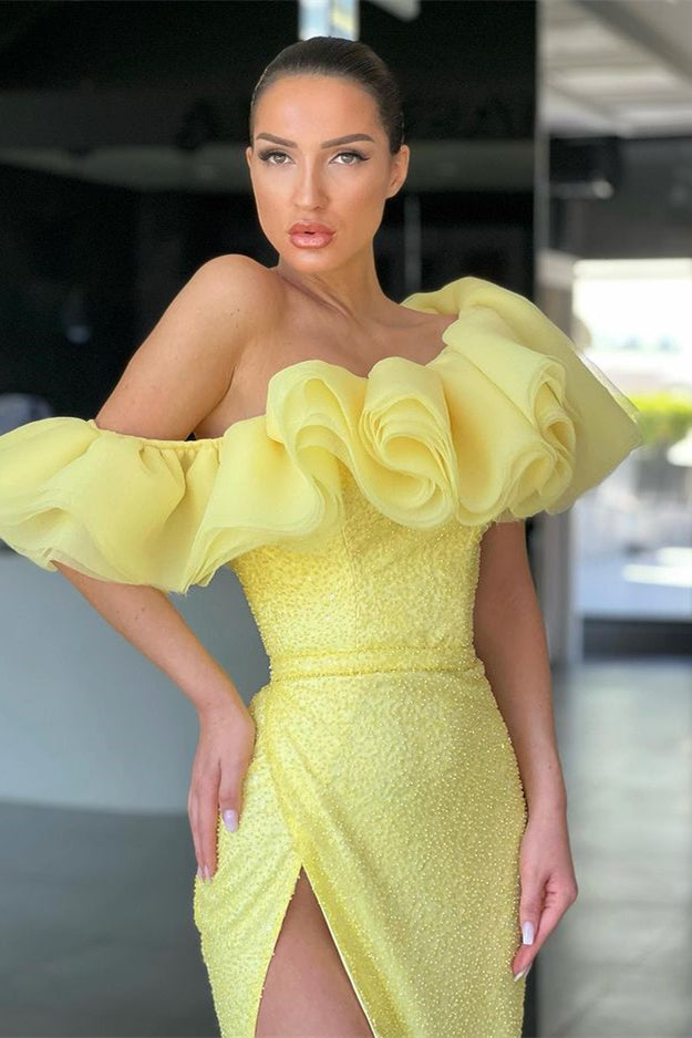 Daffodil Mermaid Off the Shoulder Long Evening Dress Split With Sequins