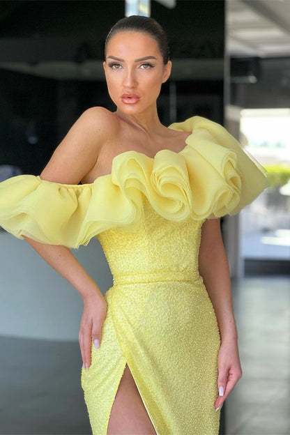 Daffodil Mermaid Off the Shoulder Long Evening Dress Split With Sequins